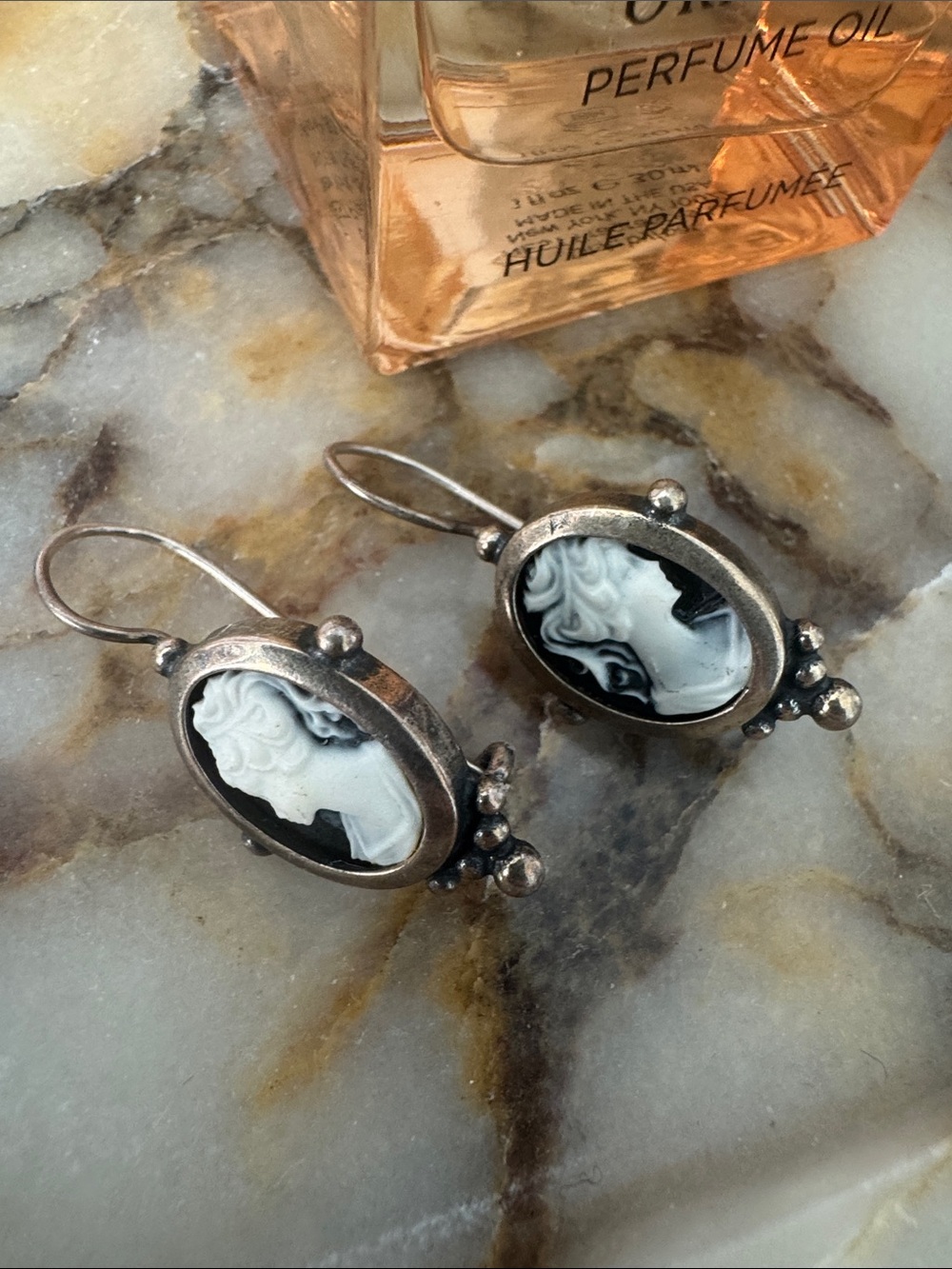 Vintage Gothic Etruscan Revival Black & White Cameo Drop Earrings